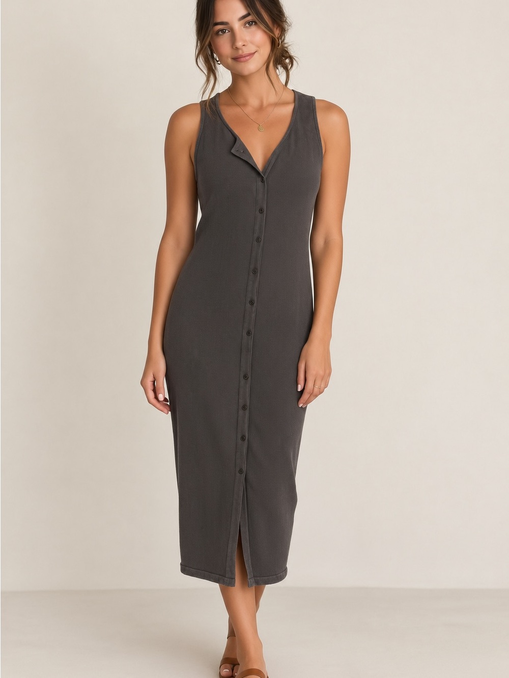 Zara Charcoal Button-Front Midi Dress